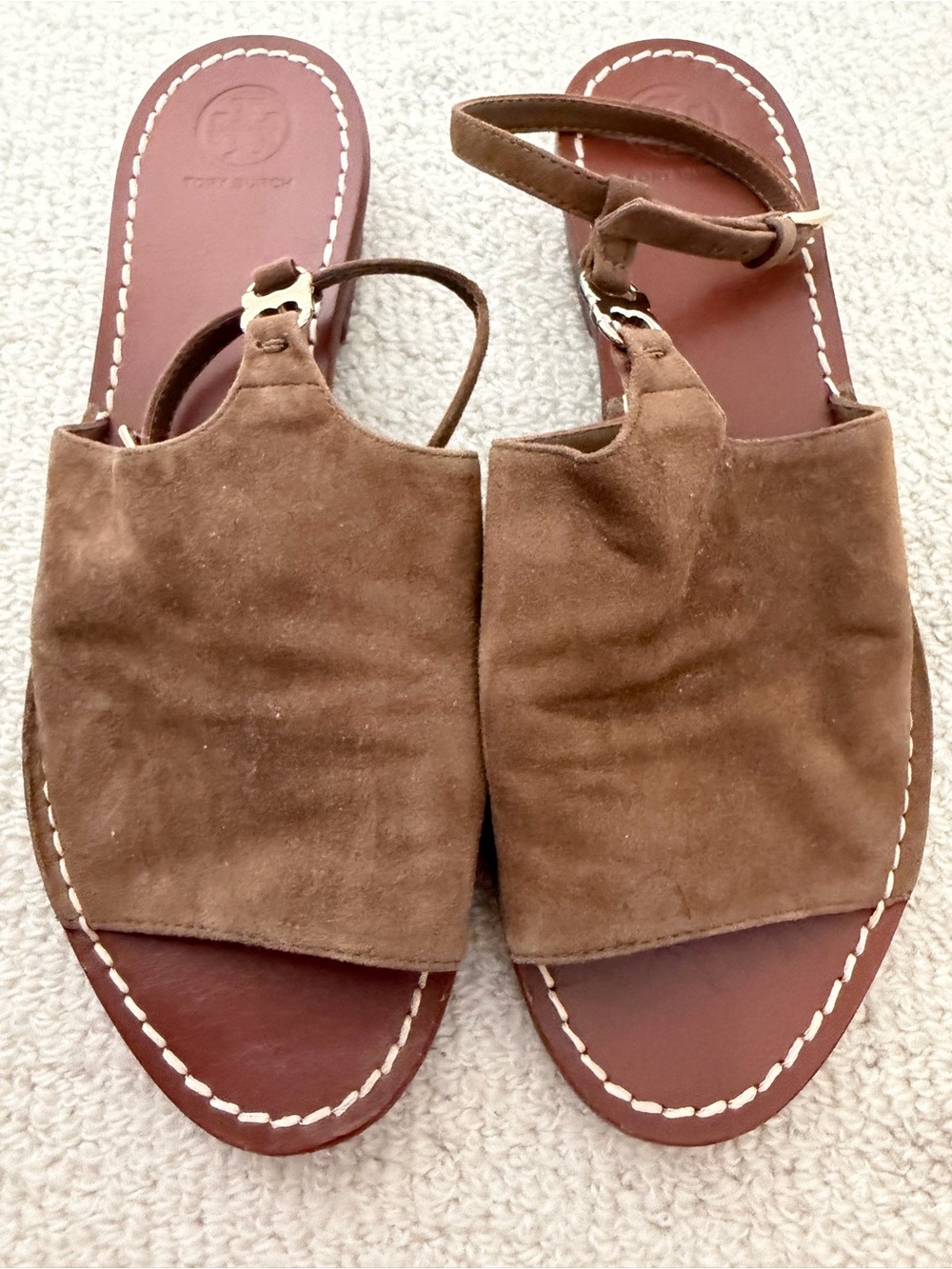 Tory Burch Gemini Link ankle strap sandals in brown suede. Sz 9.5